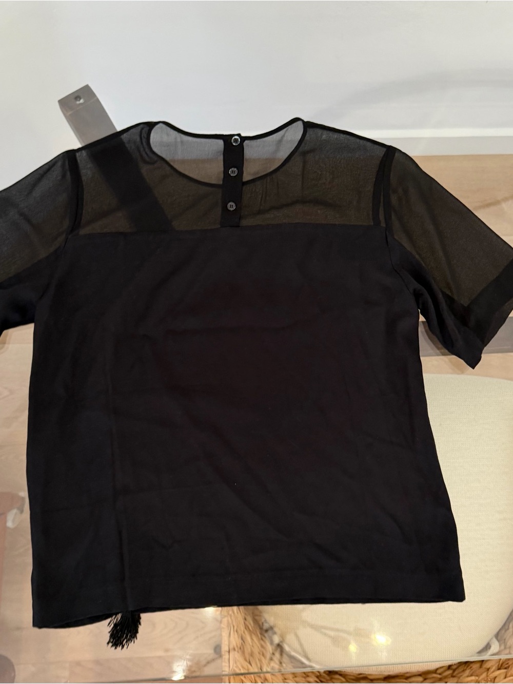 Sandro Paris Black Fringe Sheer Yoke Short Sleeve Blouse Size 2 - Picture 8 of 12